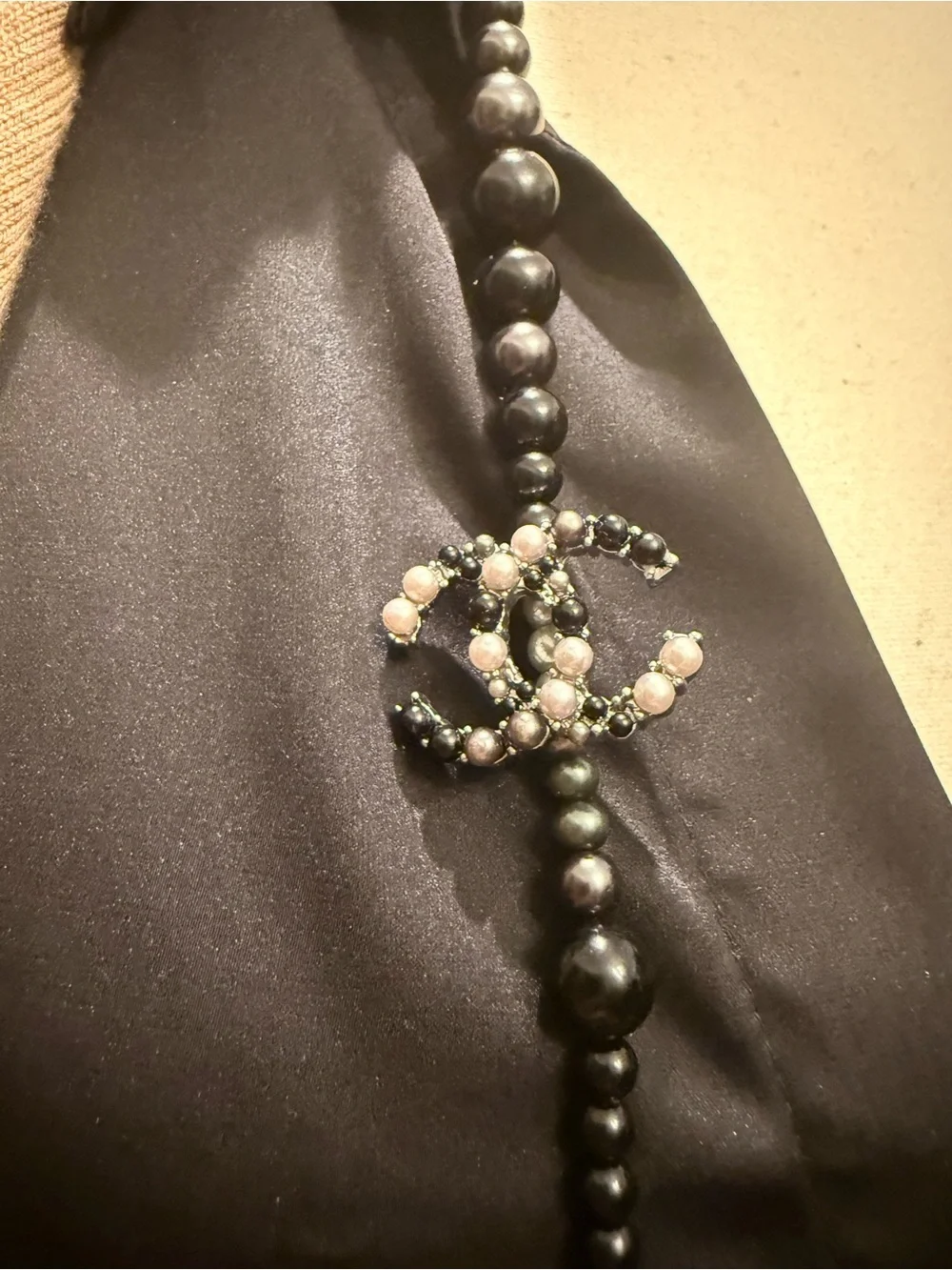 CHANEL Long Black and Silver Beaded Necklace with Pearl Accents